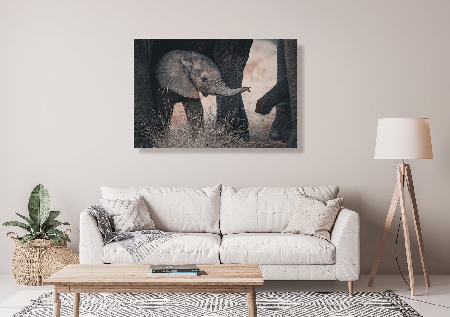 elephant print displayed on living room wall