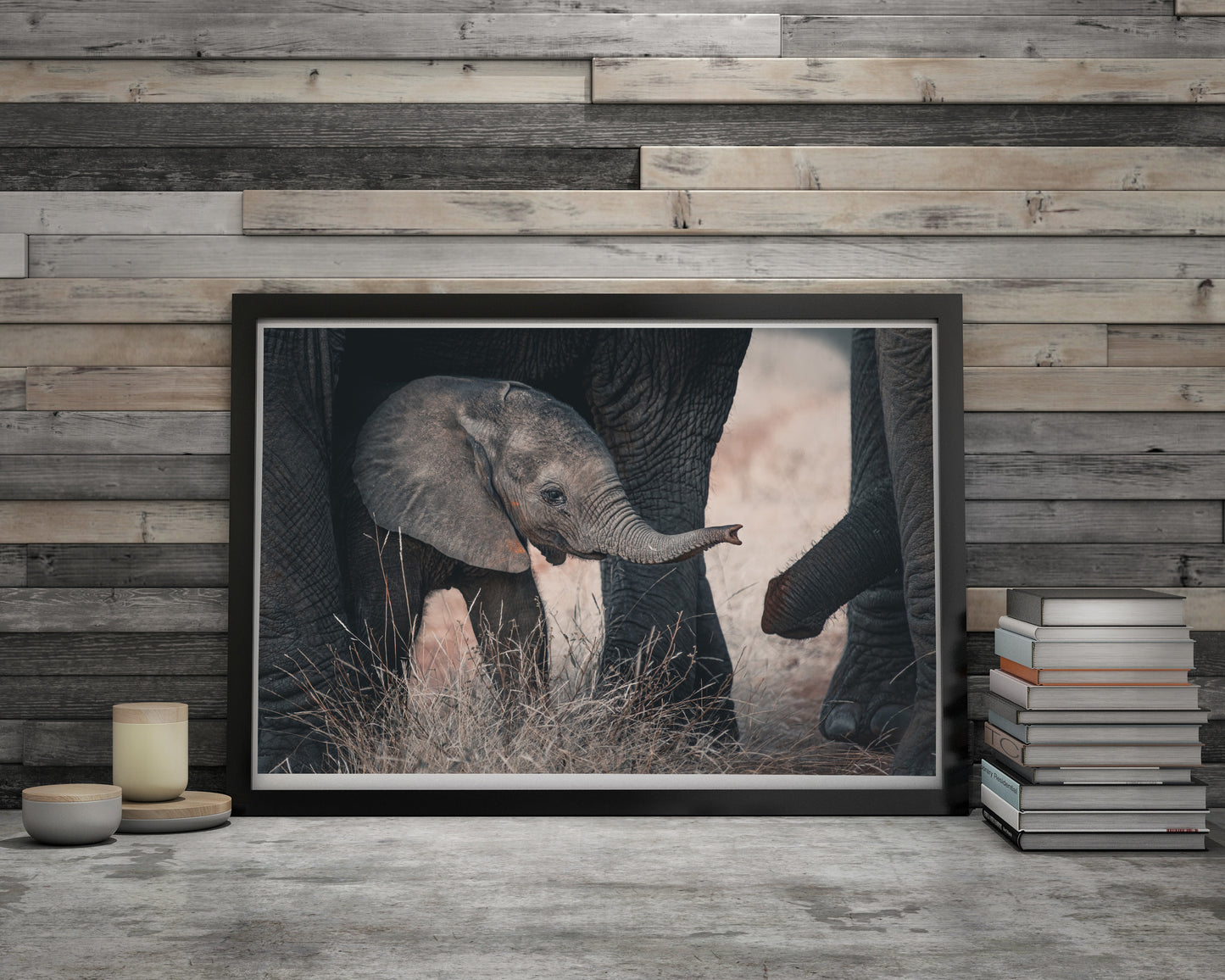 framed elephant print displayed on table
