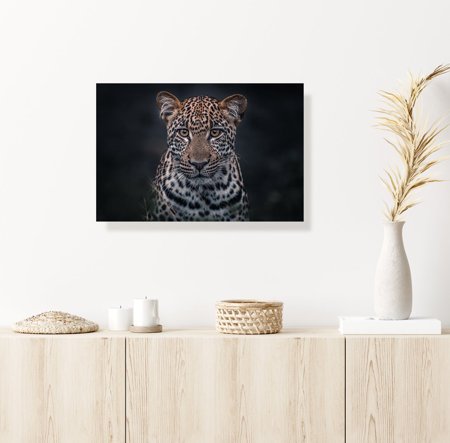 frameless leopard print on living room wall