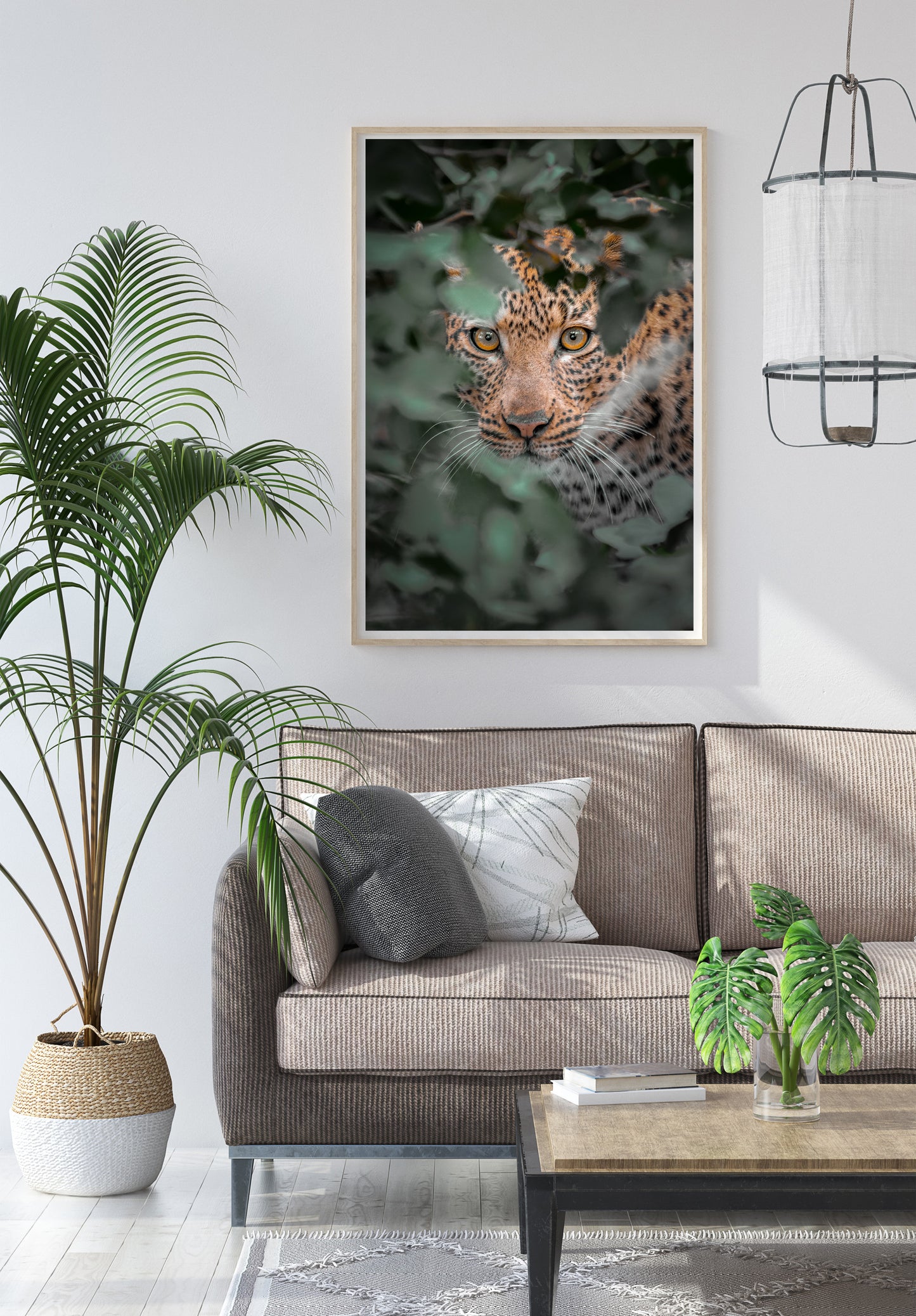 framed leopard print displayed on cozy living room wall