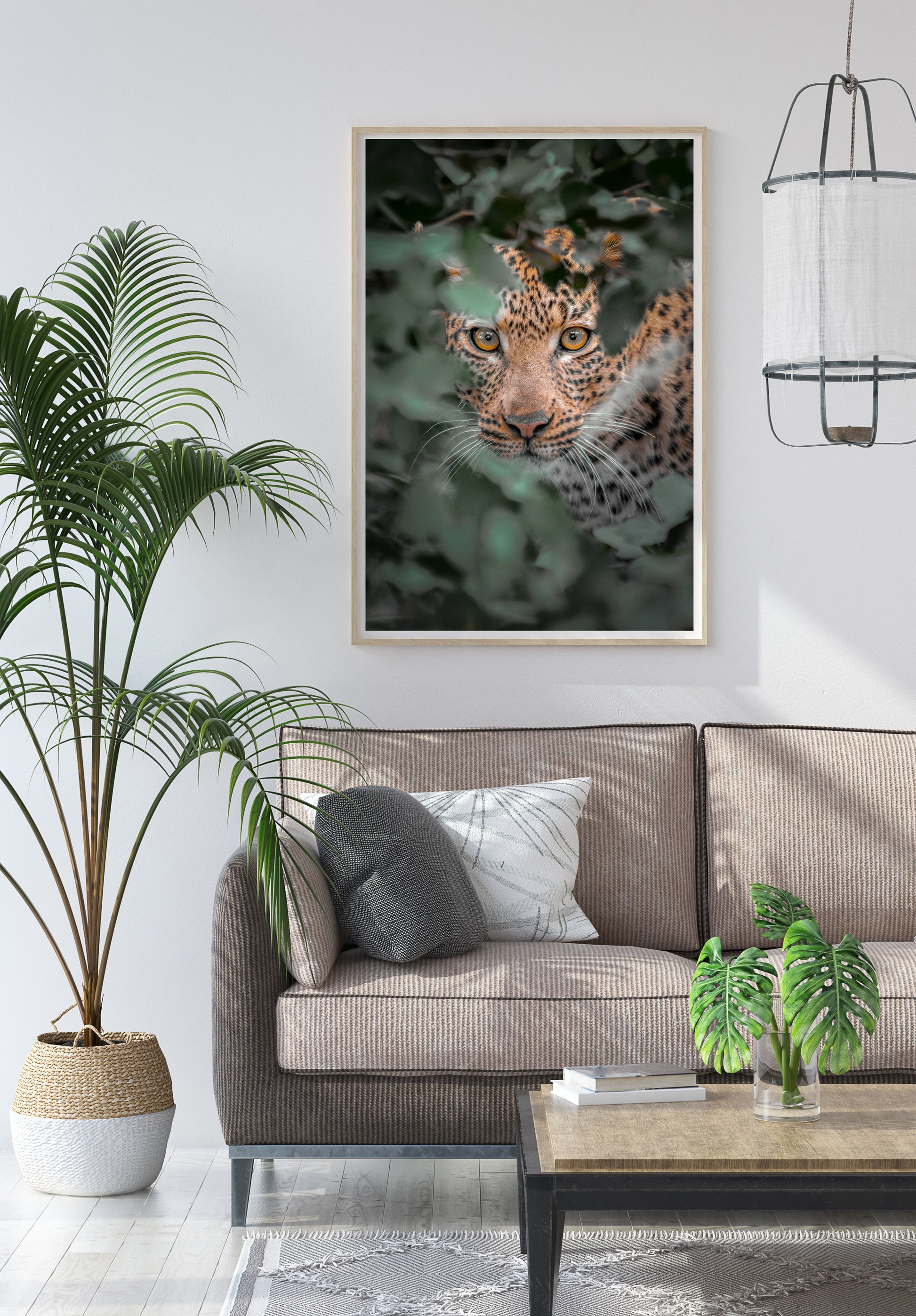 framed leopard print displayed on cozy living room wall