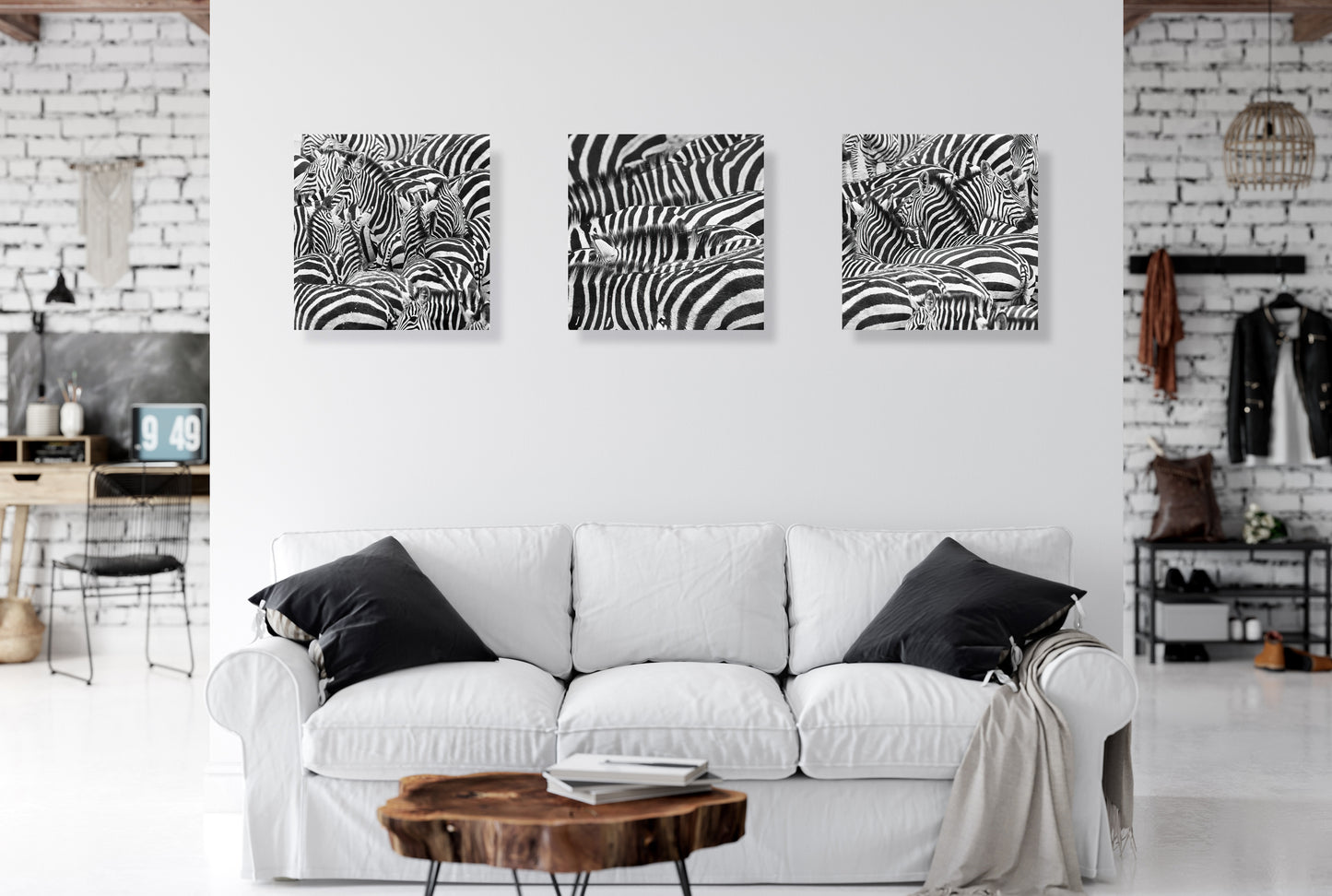 zebra prints displayed on living room wall